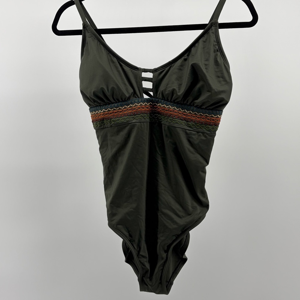 Sonnet Shores One Piece Swimsuit Olive Green Women Size 12 Bohemian Stripe Band